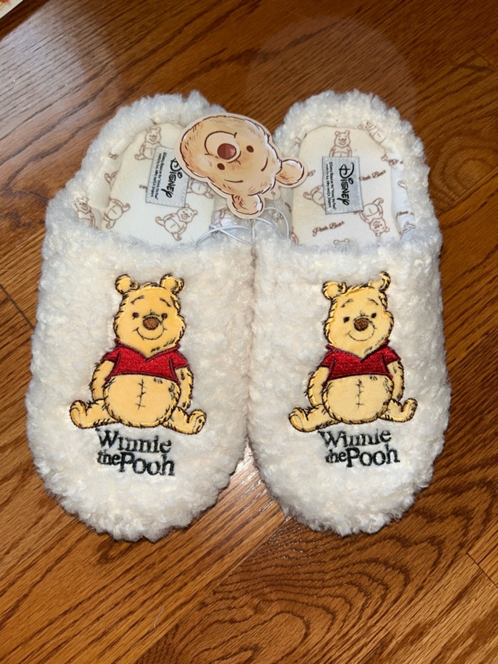Disney Winnie the Pooh Plush Slippers - Cream with Red and Yellow Embroidery